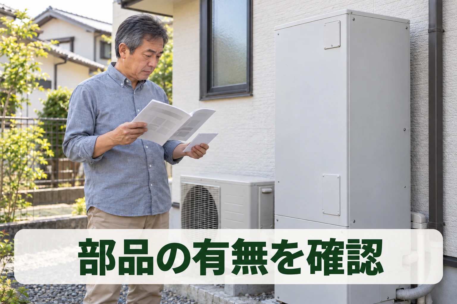 エコキュートの寿命や修理可否の判断に向け、部品の有無を説明書で確認する住人。