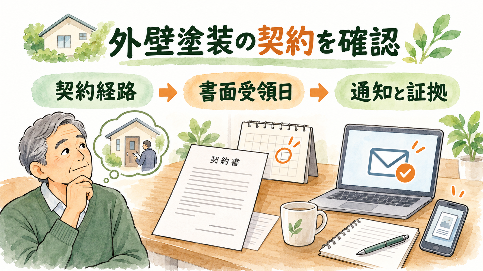 外壁塗装の契約経路、書面受領日、通知と証拠を、契約書とカレンダー、メールの控えで確認する図。