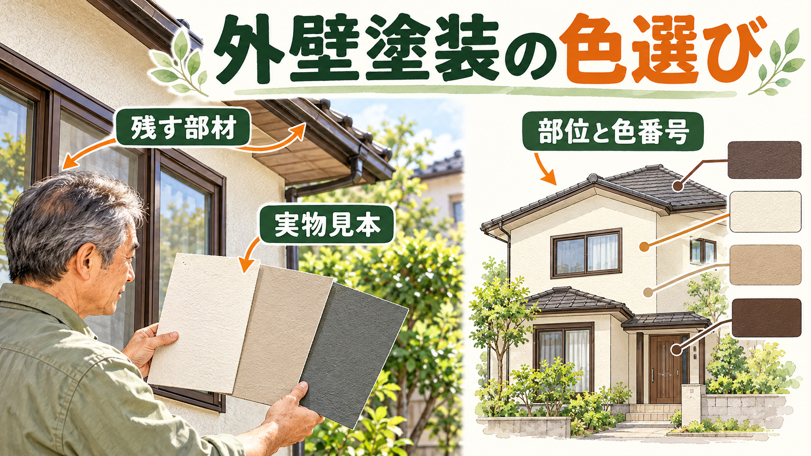 外壁塗装の色選びで、残すサッシや屋根と実物の色見本を比べ、塗る部位との対応を確認する図。