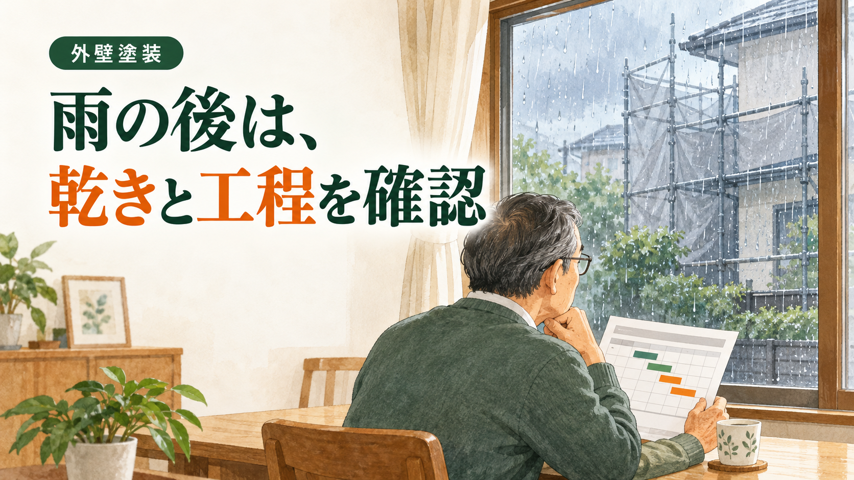 外壁塗装の雨の日に、住人が室内から雨の現場を見て、壁の乾きと工程を確認する場面。