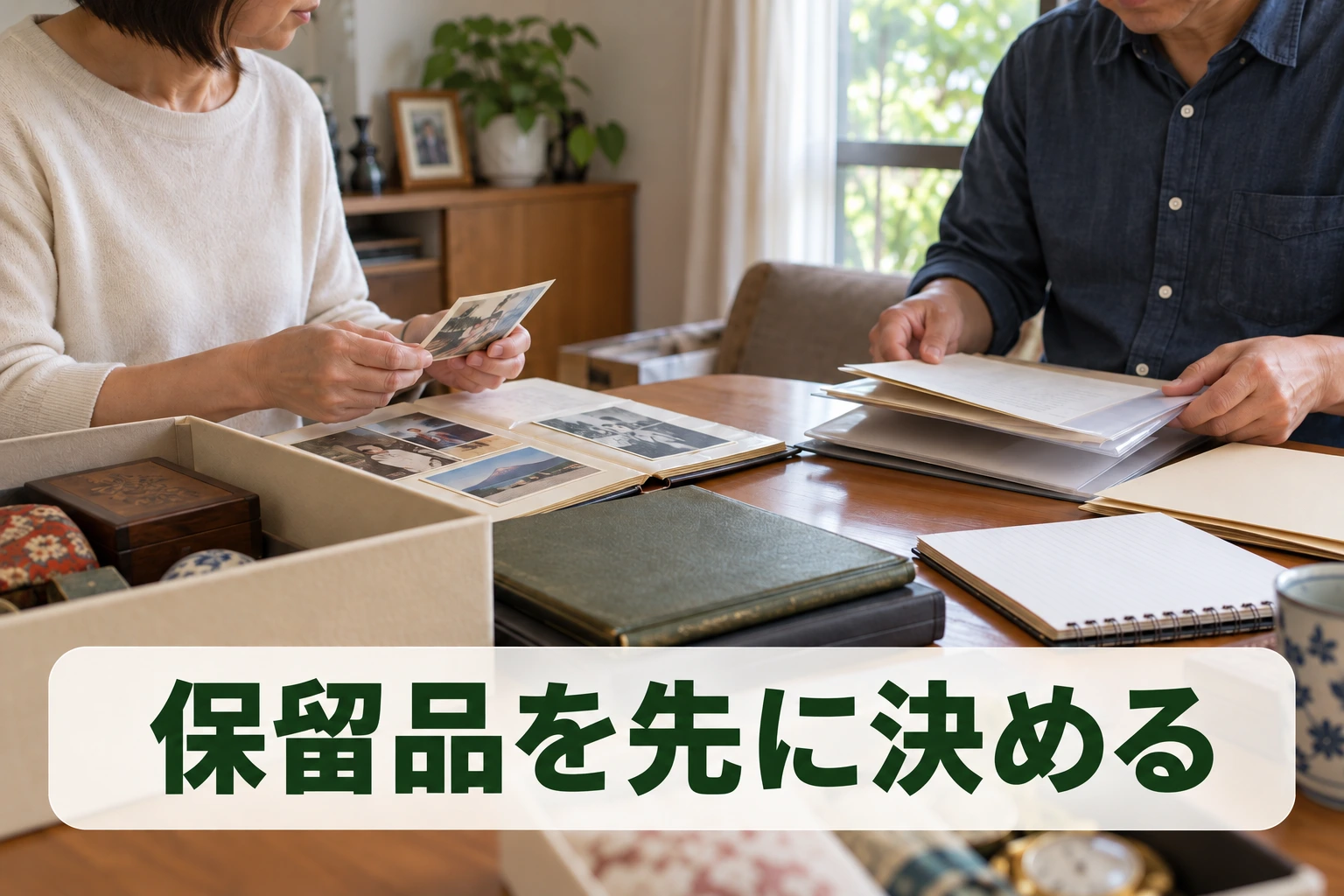 遺品整理で家族が写真と書類を確かめ、保留品を先に決める場面。
