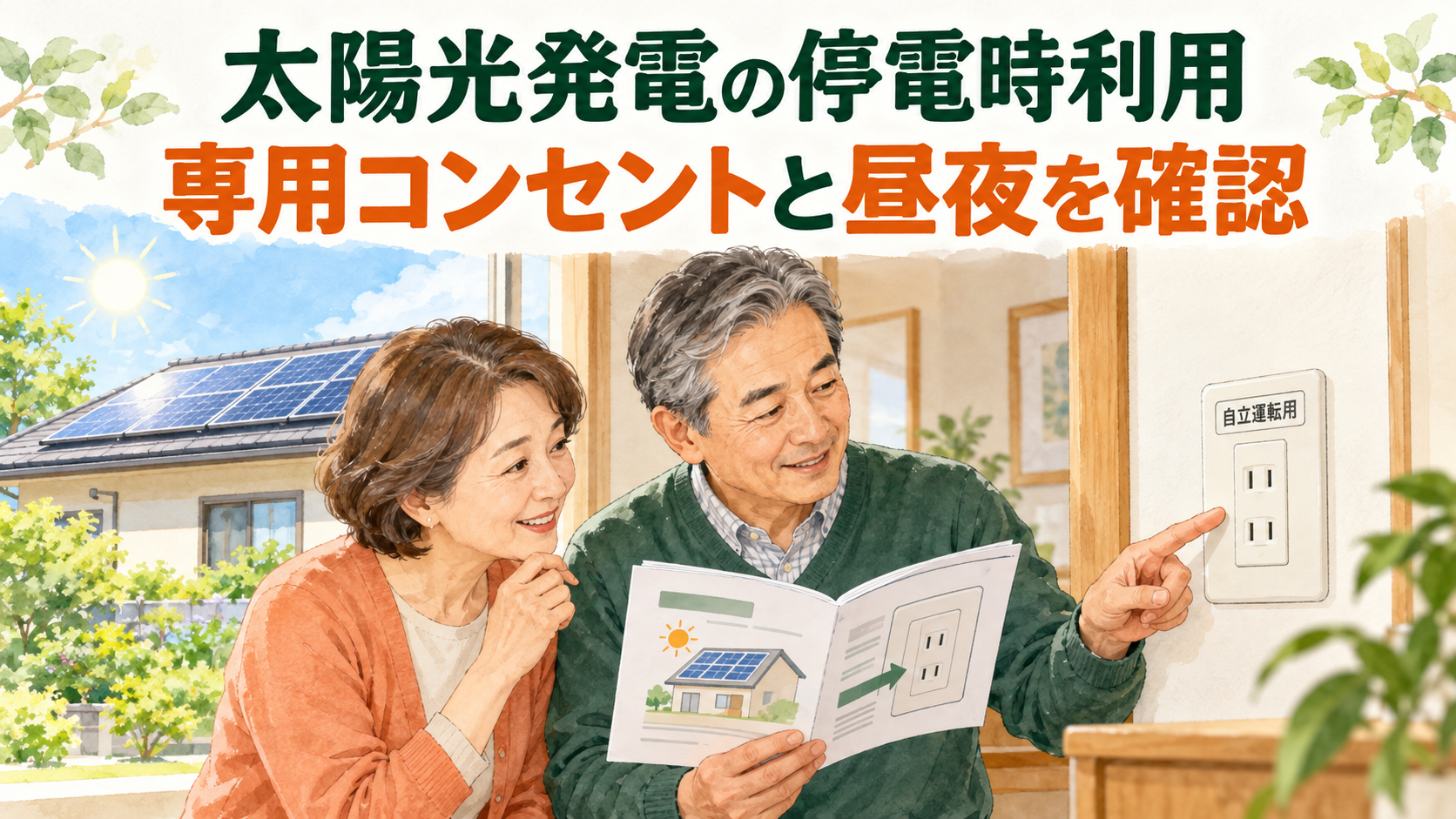 太陽光発電の停電時の使い方を説明書で調べ、自立運転用の専用コンセントを確認する夫婦。