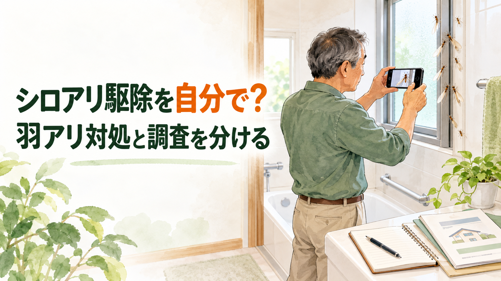 シロアリ駆除を自分で始める前に、浴室の窓辺の羽アリを安全な床上から撮影し、調査に備える住人。